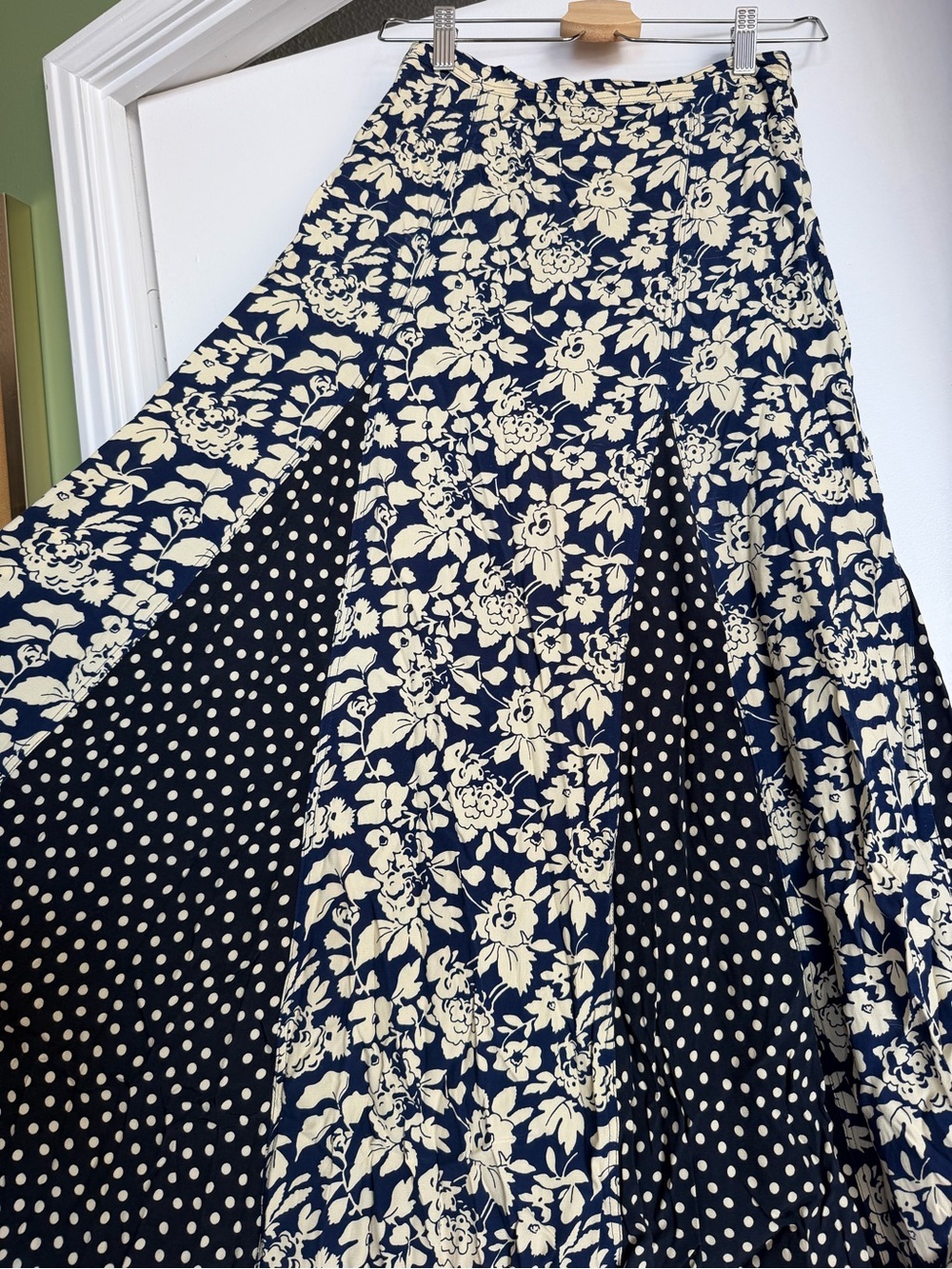 Ralph Lauren Navy and Cream Floral & Polka Dot Panel Maxi Skirt